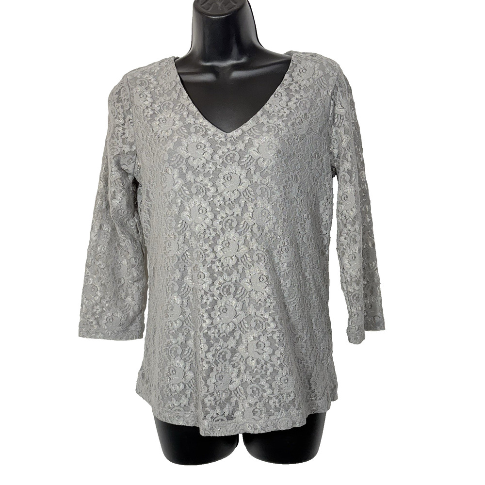 Grey Lace and Mesh Top 3/4 Sleeve Size XS Retro Y2K Floral Sheer Whimsigoth